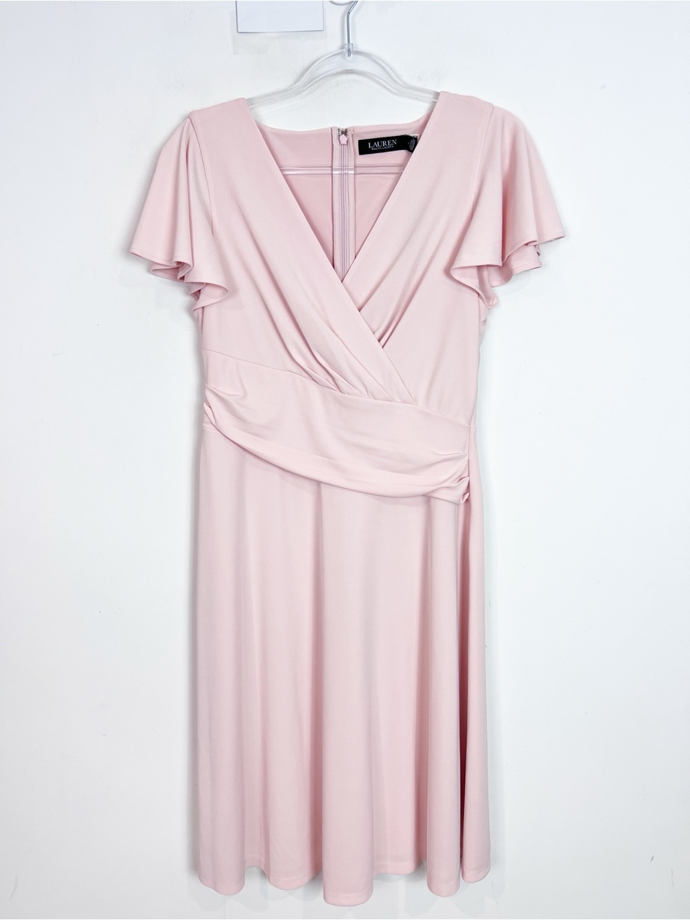 LAUREN RALPH LAUREN PALE PINK SURPLICE NECKLINE SHORT SLEEVE DRESS WOMENS SZ 6